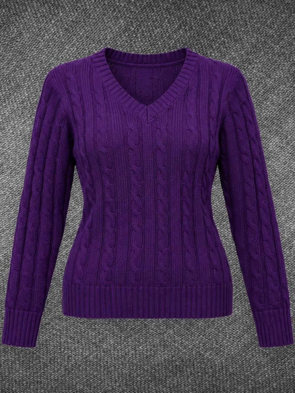 Women’s Purple Cable Knit V-Neck Sweater Size L